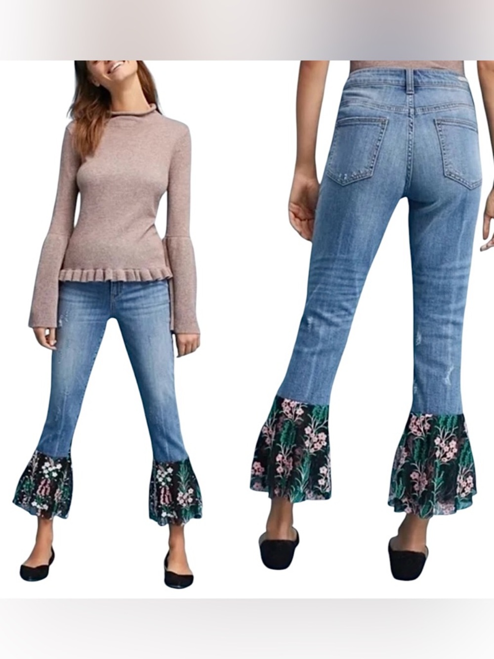 Anthropologie Pilcro Floral Flounce Flare Denim Cropped Jeans Sz 30